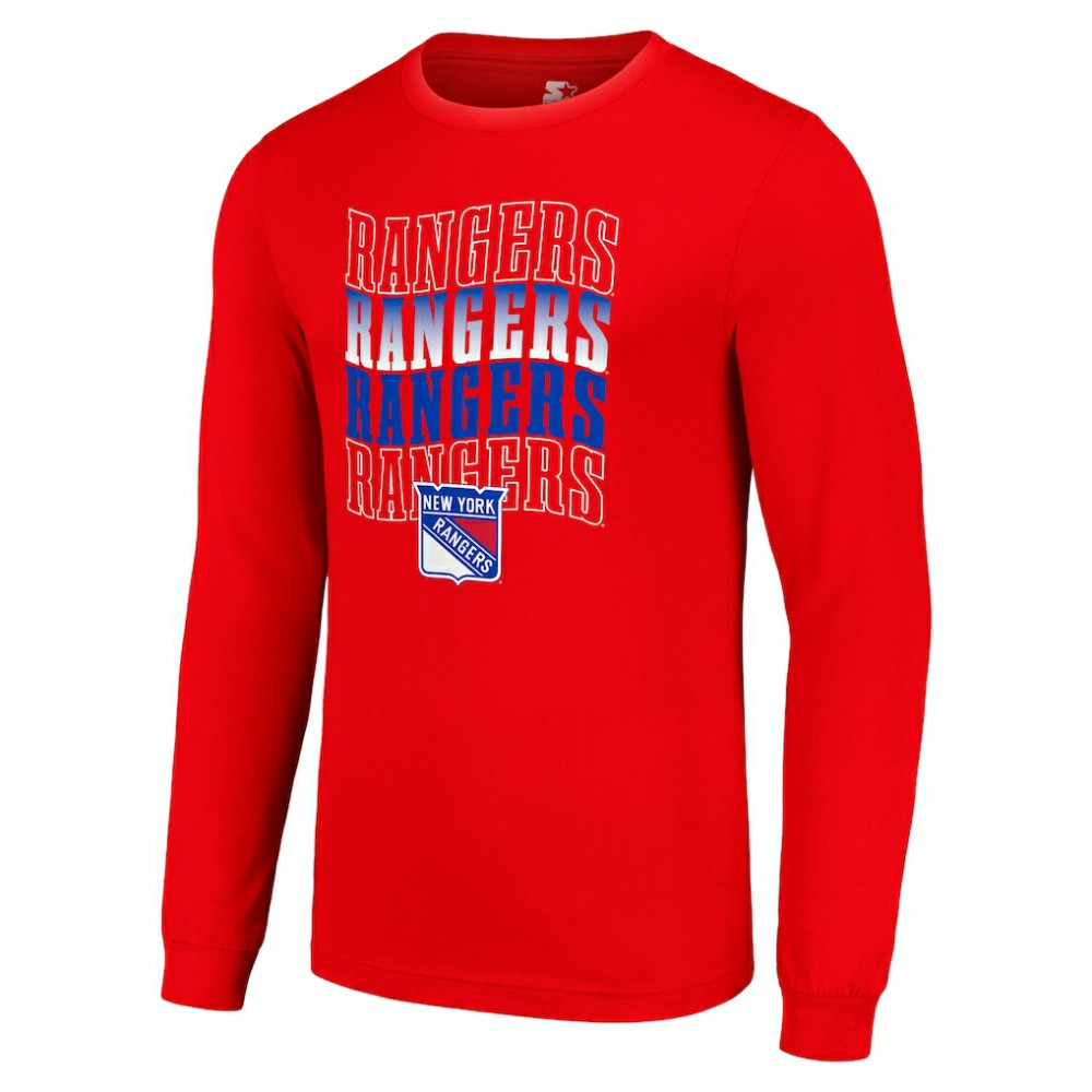 New York Rangers Starter Four Team Name Logo Long Sleeve Graphic T-Shirt Red