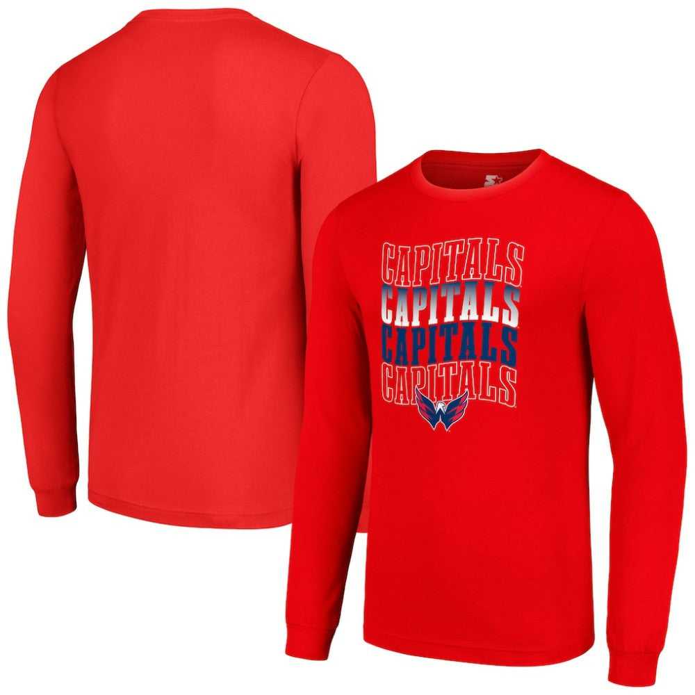 Washington Capitals Starter Four Team Name Logo Long Sleeve Graphic T-Shirt Red