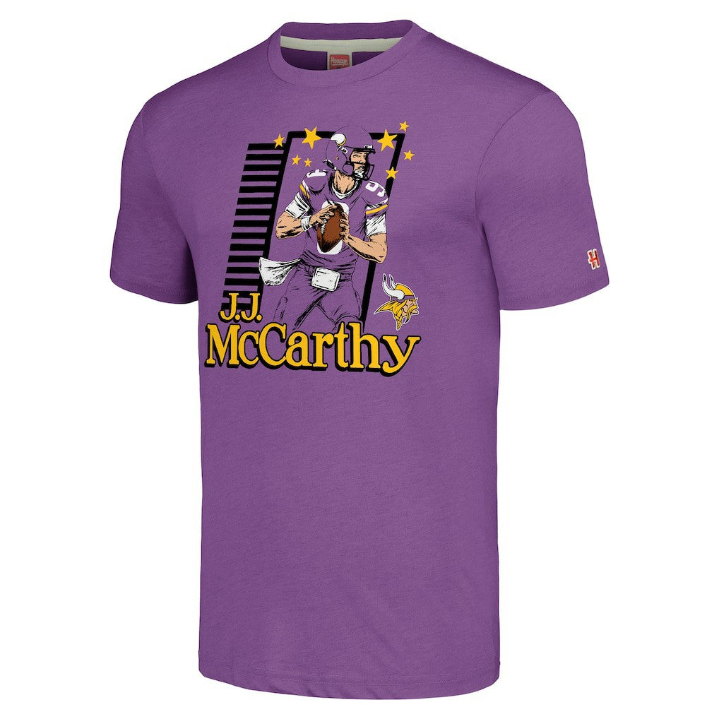 J.J. McCarthy Minnesota Vikings Homage Unisex Caricature Player Tri-Blend T-Shirt Purple - NFL