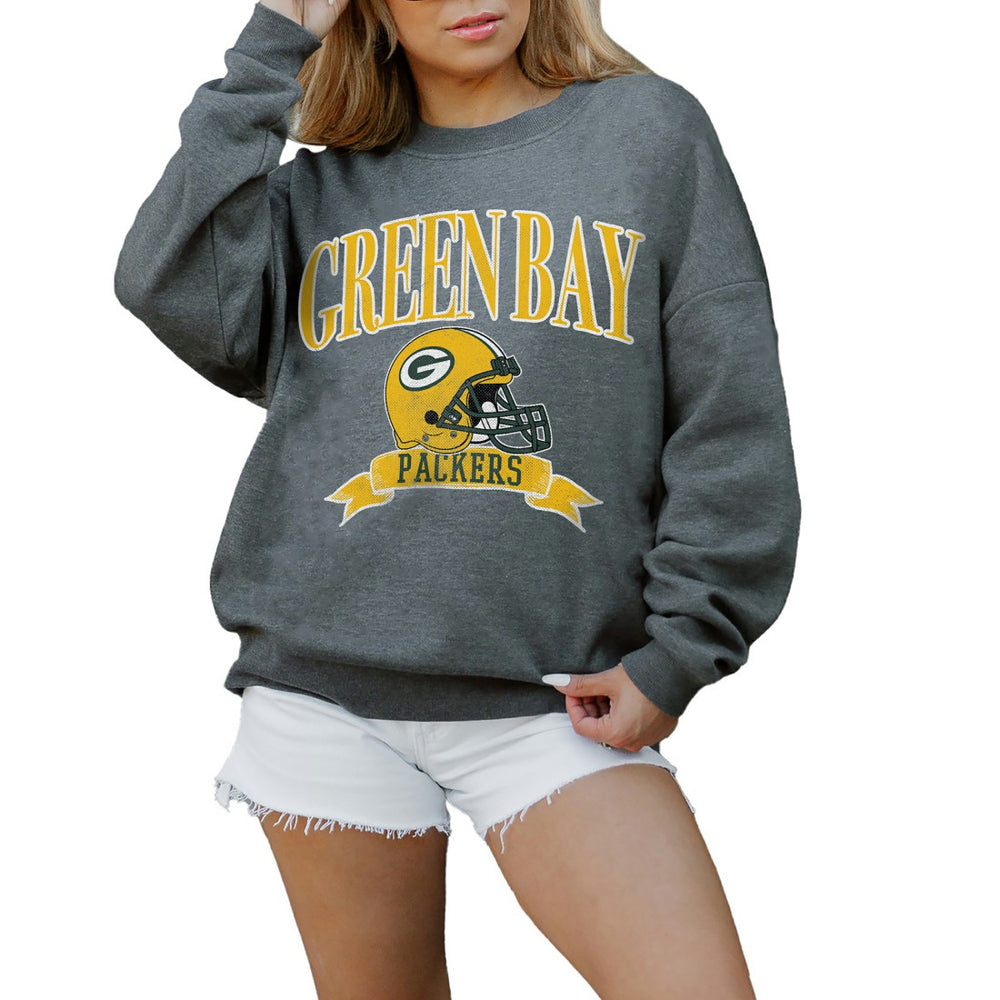 Green Bay Packers Gameday Couture Women's Oversized Seal The Deal Premium Fleece Drop Shoulder Pullover Sweatshirt Charcoal - NFL