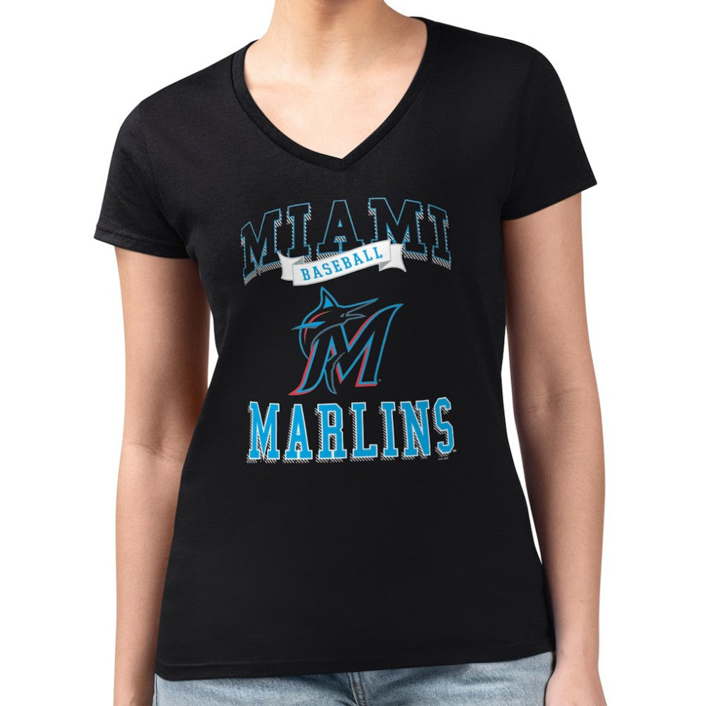 Miami Marlins G-III 4Her by Carl Banks Women's Super-Slim Fit Lightweight Team Logo Graphic V-Neck T-Shirt Sale