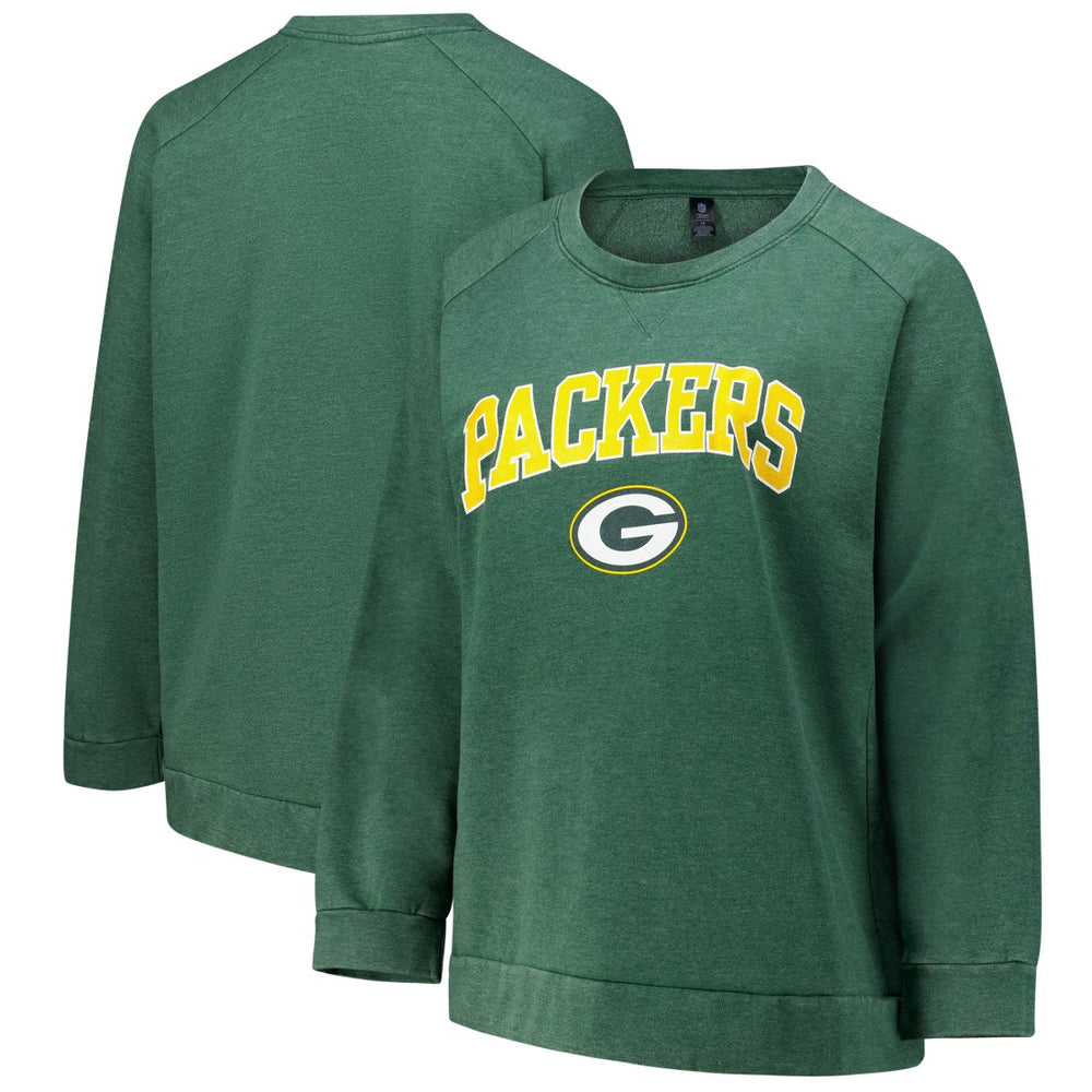 Green Bay Packers Profile Women's Plus Size Acid Wash Raglan Sweatshirt Heather Green - NFL