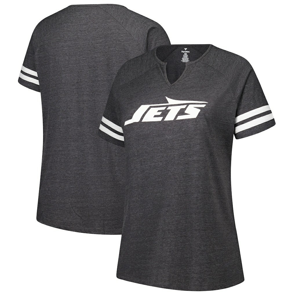 New York Jets Women's Plus Size Logo Striped Raglan Notch Neck T-Shirt Charcoal - Fanatics