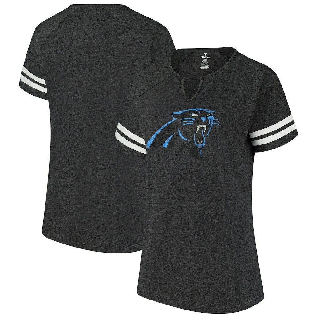 Carolina Panthers Women's Plus Size Logo Striped Raglan Notch Neck T-Shirt Black - Fanatics