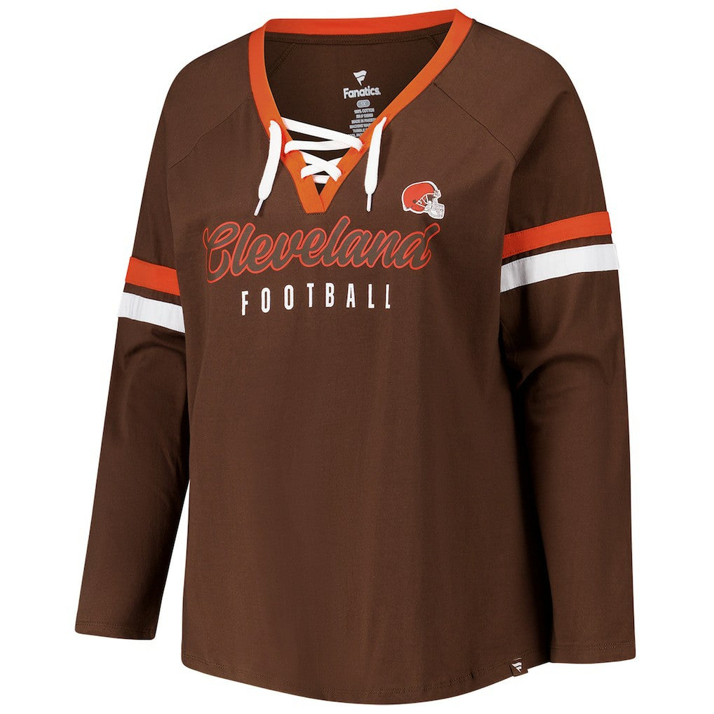Cleveland Browns Women's Plus Size Won & Done Lace-Up V-Neck Long Sleeve T-Shirt Brown - Fanatics