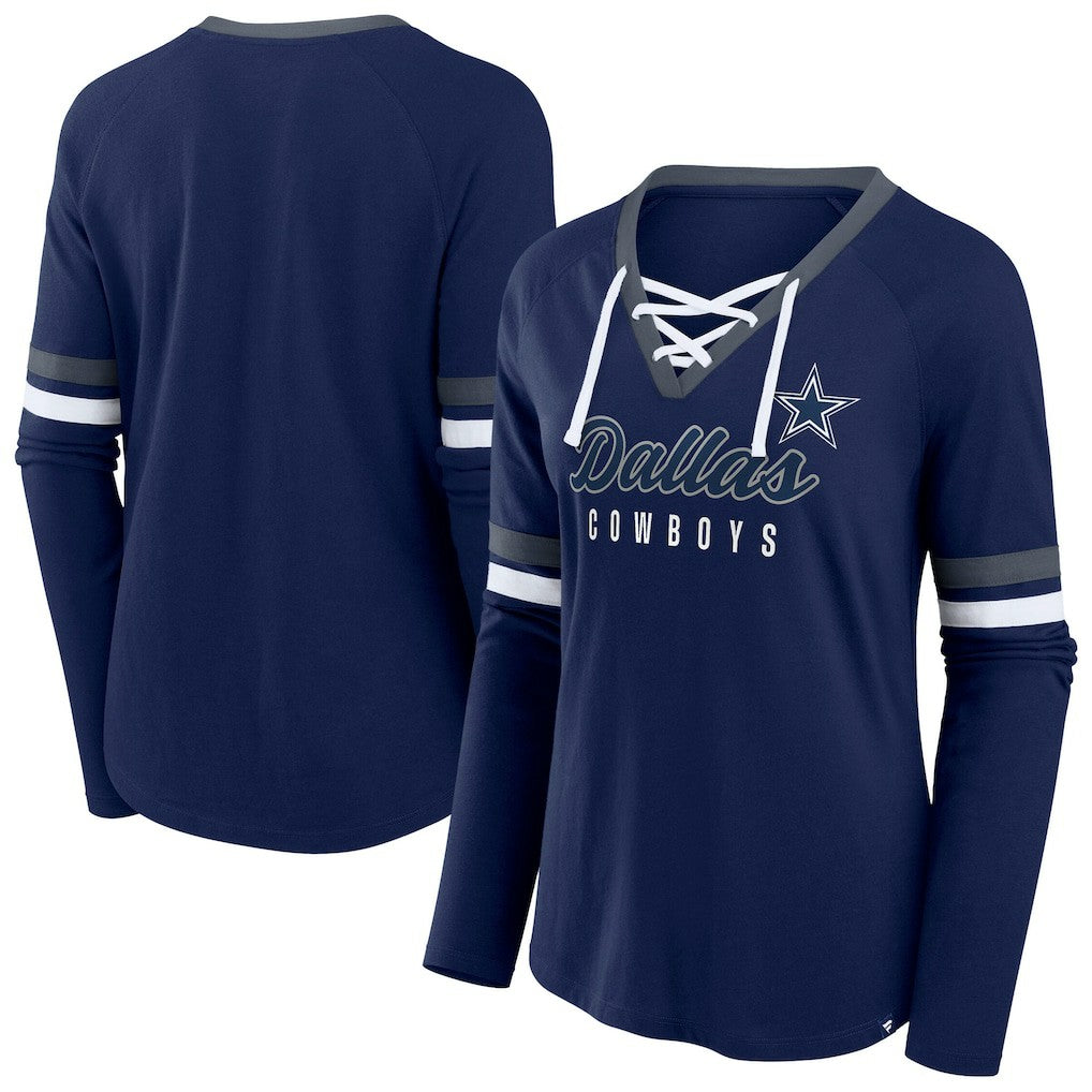 Dallas Cowboys Women's Plus Size Won & Done Lace-Up V-Neck Long Sleeve T-Shirt Navy - Fanatics