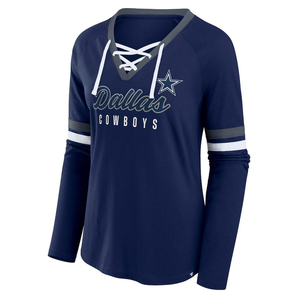 Dallas Cowboys Women's Plus Size Won & Done Lace-Up V-Neck Long Sleeve T-Shirt Navy - Fanatics