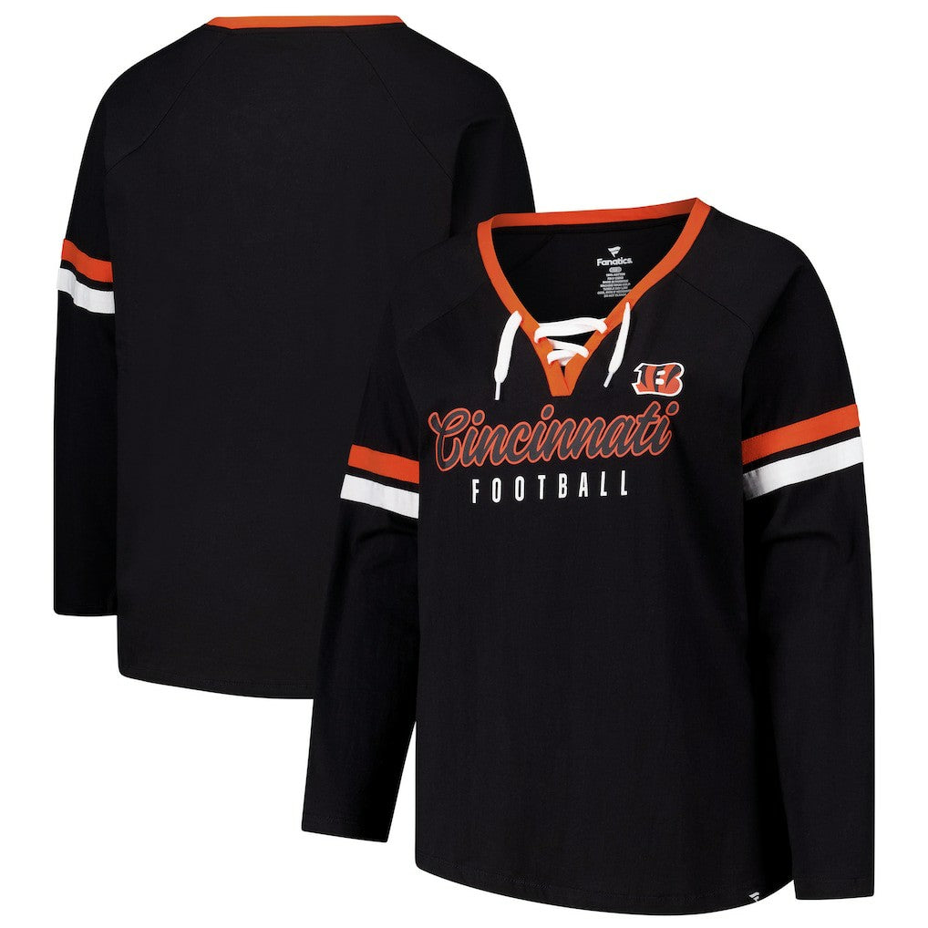 Cincinnati Bengals Women's Plus Size Won & Done Lace-Up V-Neck Long Sleeve T-Shirt Black - Fanatics