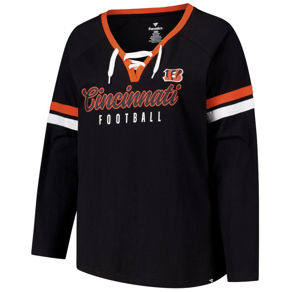Cincinnati Bengals Women's Plus Size Won & Done Lace-Up V-Neck Long Sleeve T-Shirt Black - Fanatics