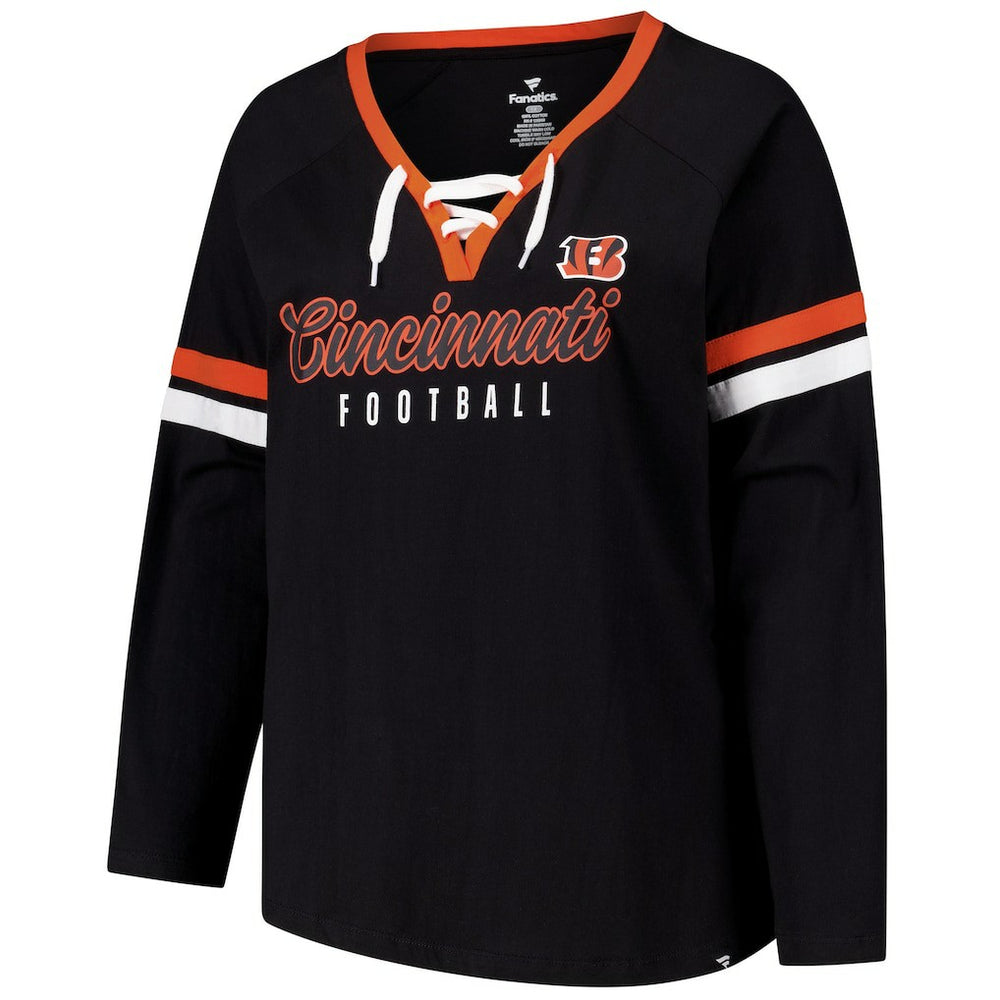 Cincinnati Bengals Women's Plus Size Won & Done Lace-Up V-Neck Long Sleeve T-Shirt Black - Fanatics