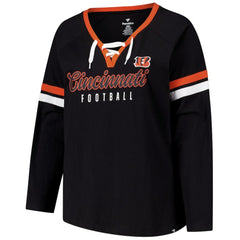 Cincinnati Bengals Women's Plus Size Won & Done Lace-Up V-Neck Long Sleeve T-Shirt Black - Fanatics