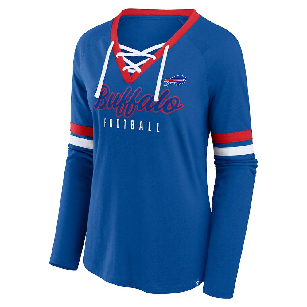 Buffalo Bills Women's Plus Size Won & Done Lace-Up V-Neck Long Sleeve T-Shirt Royal - Fanatics