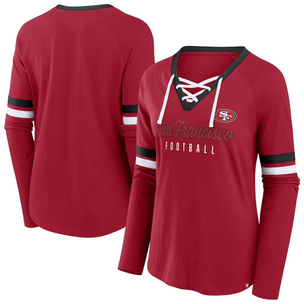 San Francisco 49ers Women's Plus Size Won & Done Lace-Up V-Neck Long Sleeve T-Shirt Scarlet - Fanatics