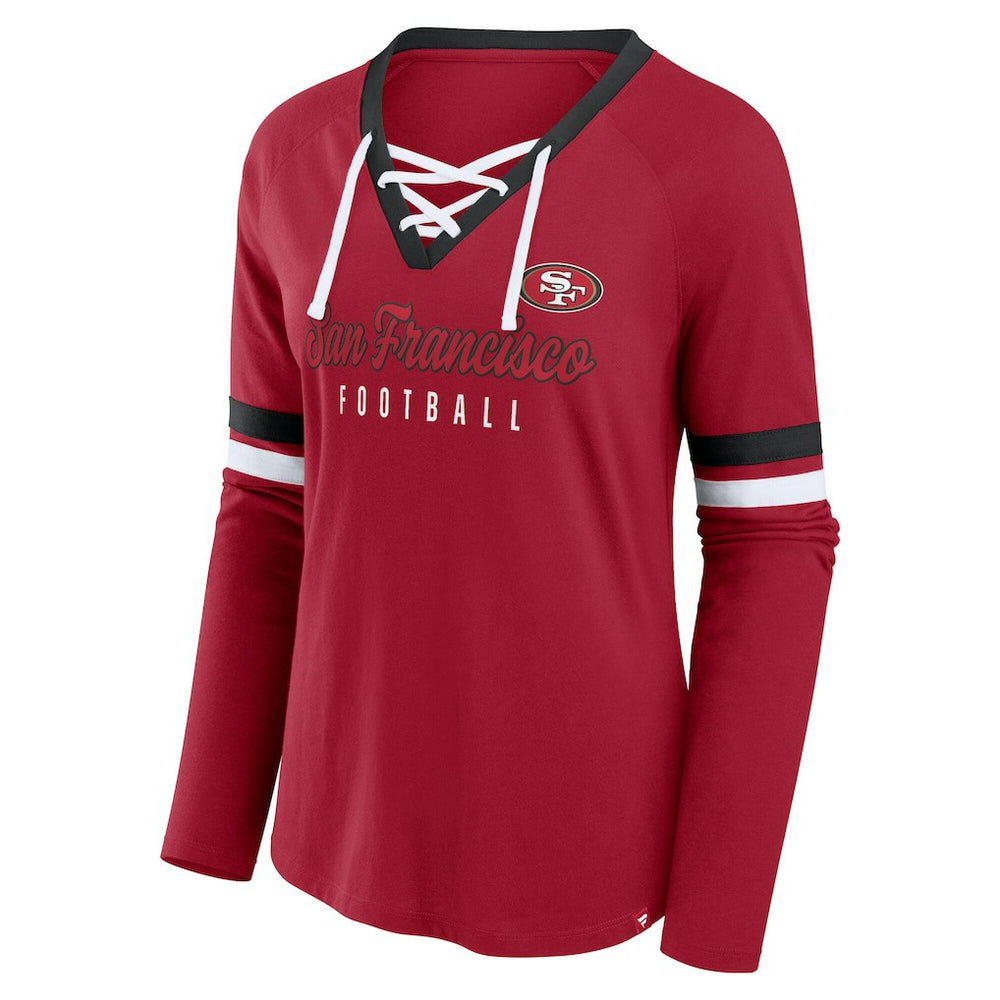 San Francisco 49ers Women's Plus Size Won & Done Lace-Up V-Neck Long Sleeve T-Shirt Scarlet - Fanatics
