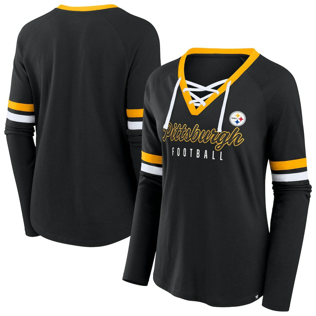 Pittsburgh Steelers Women's Plus Size Won & Done Lace-Up V-Neck Long Sleeve T-Shirt Black - Fanatics