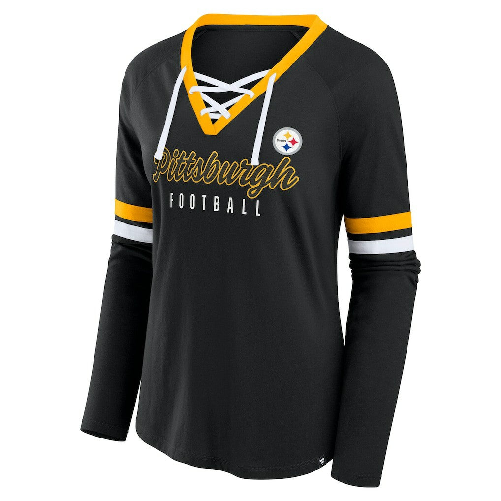 Pittsburgh Steelers Women's Plus Size Won & Done Lace-Up V-Neck Long Sleeve T-Shirt Black - Fanatics