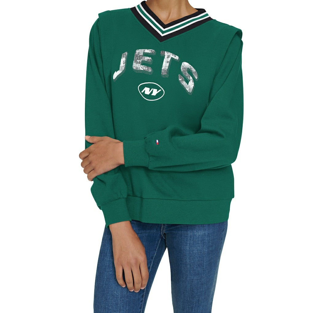 New York Jets Tommy Hilfiger Women's Alice V-Neck Pullover Sweatshirt Green - NFL