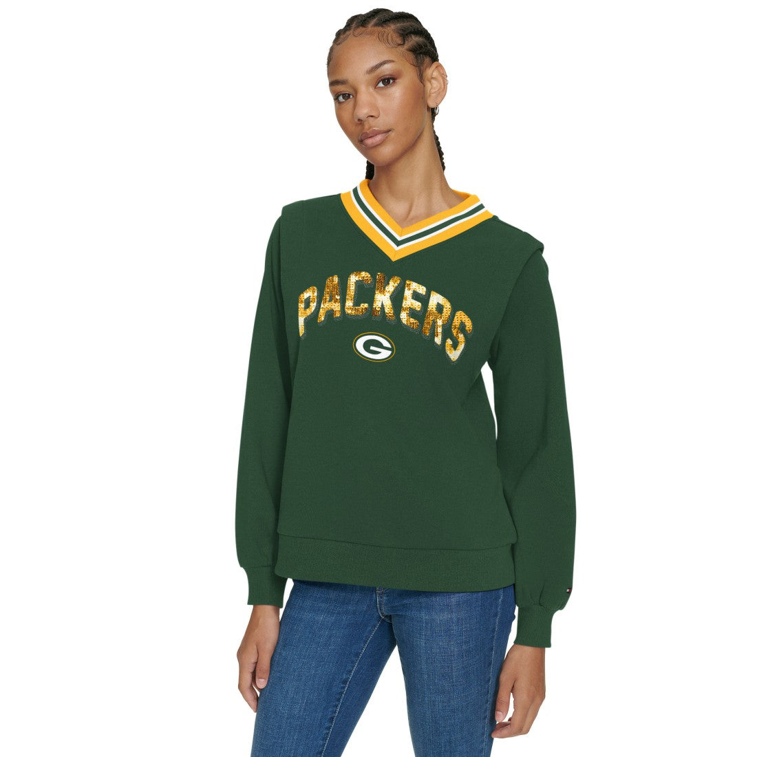 Green Bay Packers Tommy Hilfiger Women's Alice V-Neck Pullover Sweatshirt Green - NFL