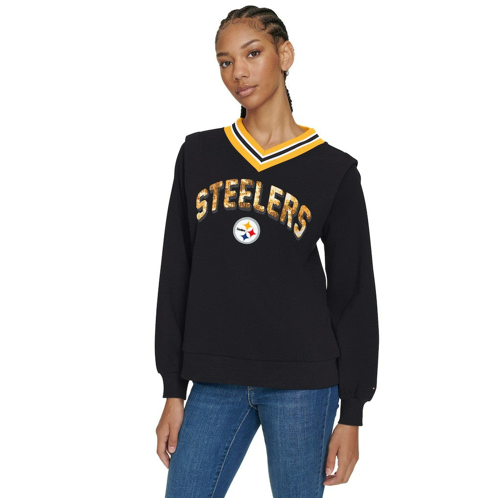 Pittsburgh Steelers Tommy Hilfiger Women's Alice V-Neck Pullover Sweatshirt Black - NFL