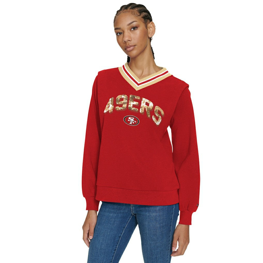 San Francisco 49ers Tommy Hilfiger Women's Alice V-Neck Pullover Sweatshirt Scarlet - NFL