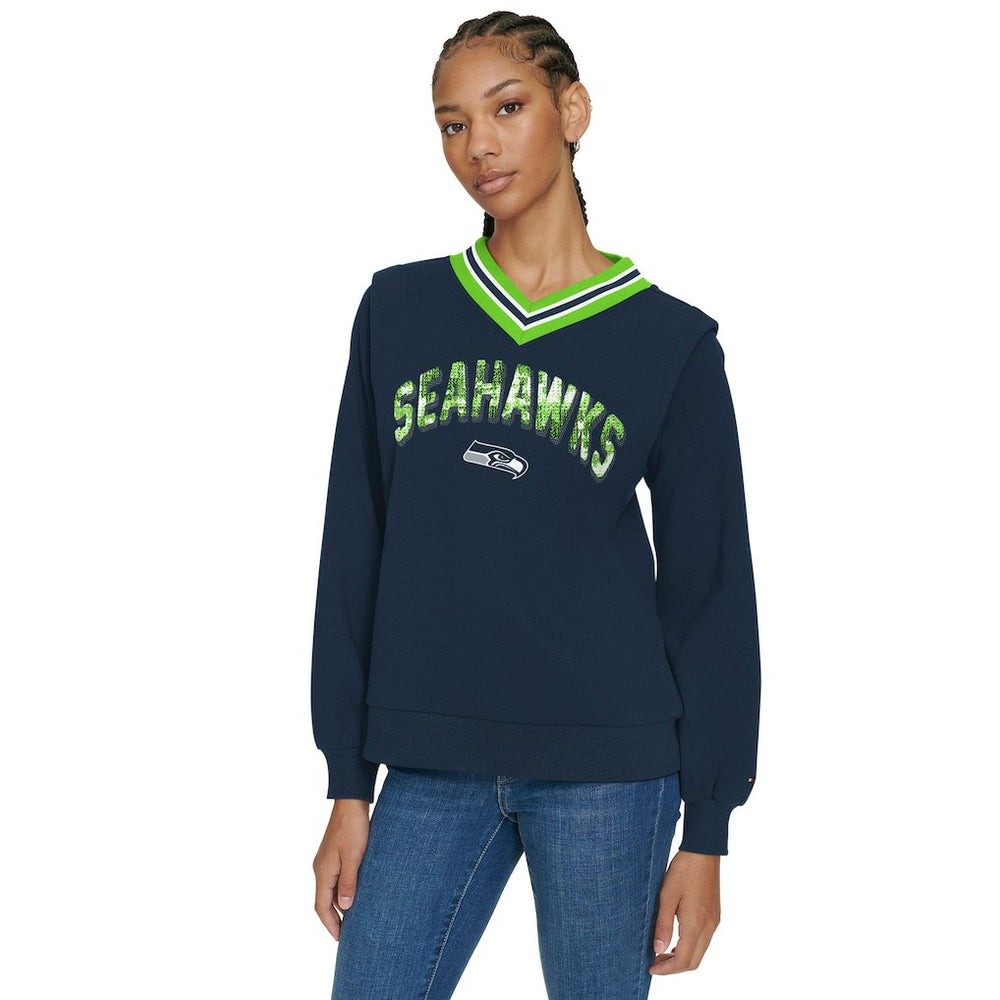 Seattle Seahawks Tommy Hilfiger Women's Alice V-Neck Pullover Sweatshirt Navy - NFL