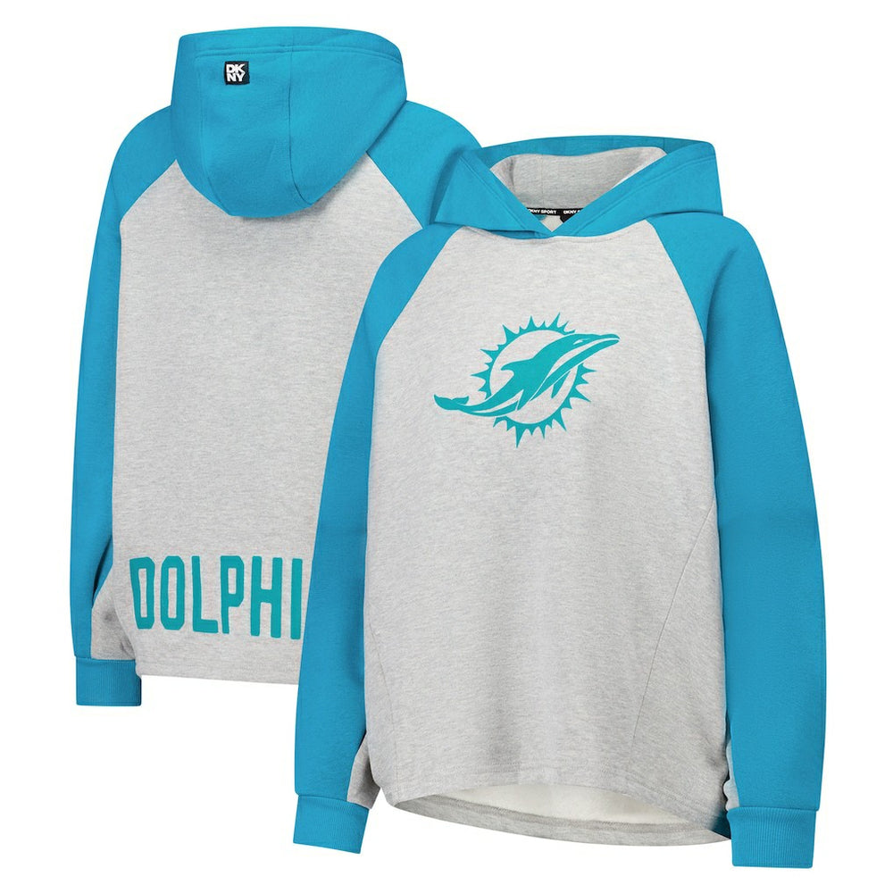 Miami Dolphins DKNY Sport Women's Joy Cropped Raglan Pullover Hoodie - Gray/Aqua - NFL