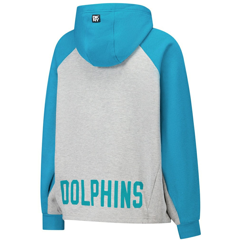 Miami Dolphins DKNY Sport Women's Joy Cropped Raglan Pullover Hoodie - Gray/Aqua - NFL