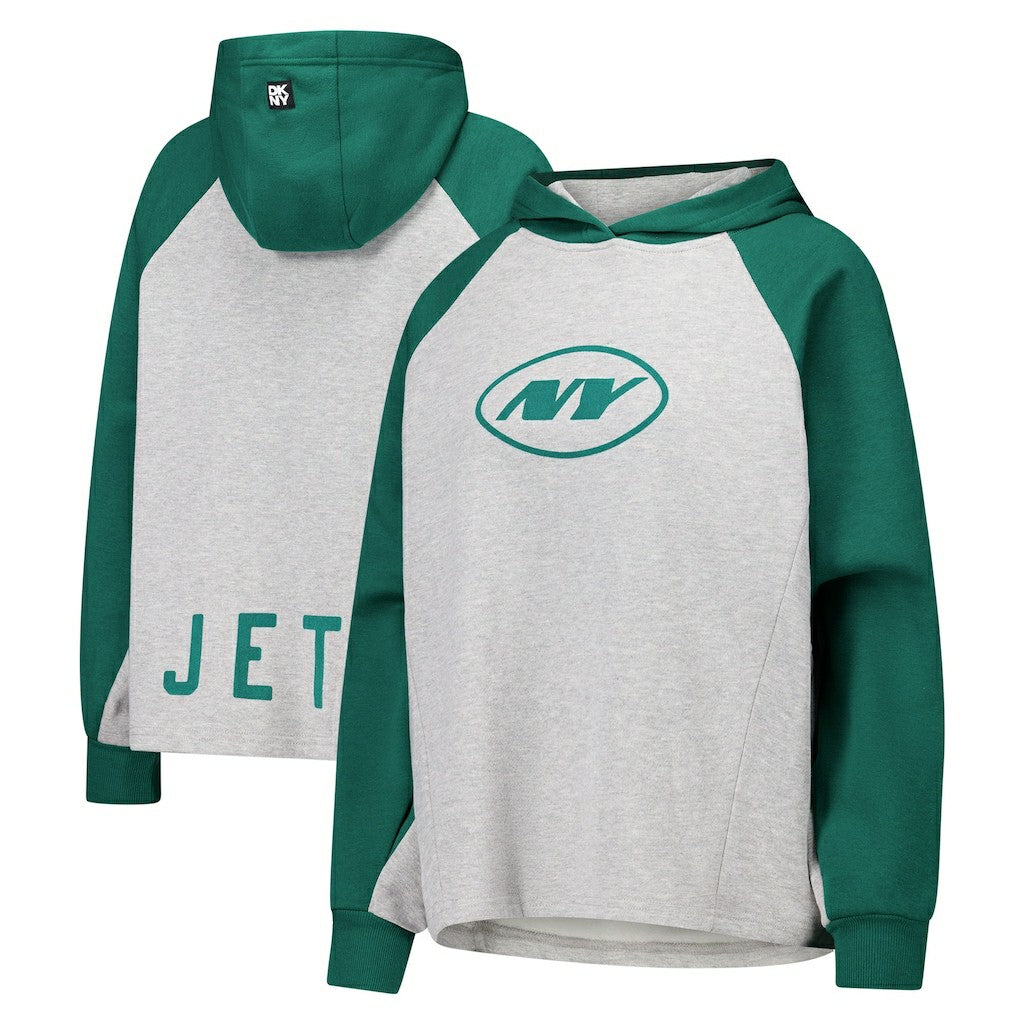 New York Jets DKNY Sport Women's Joy Cropped Raglan Pullover Hoodie - Gray/Green - NFL