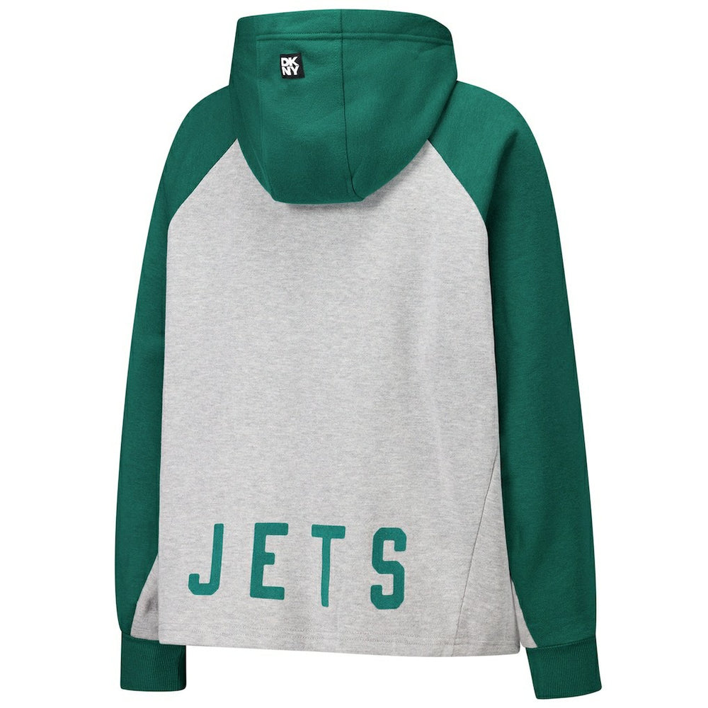 New York Jets DKNY Sport Women's Joy Cropped Raglan Pullover Hoodie - Gray/Green - NFL