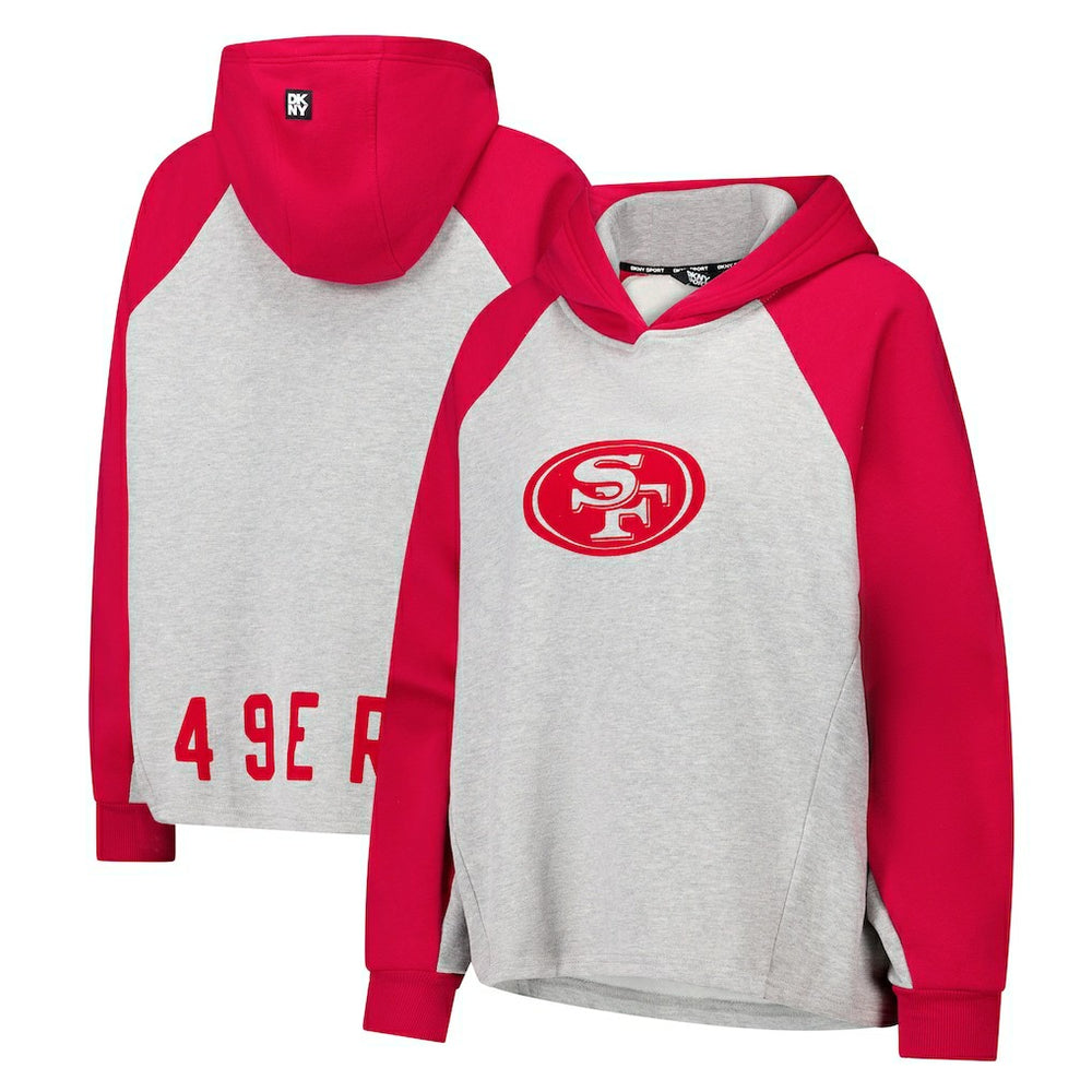 San Francisco 49ers DKNY Sport Women's Joy Cropped Raglan Pullover Hoodie - Gray/Scarlet - NFL