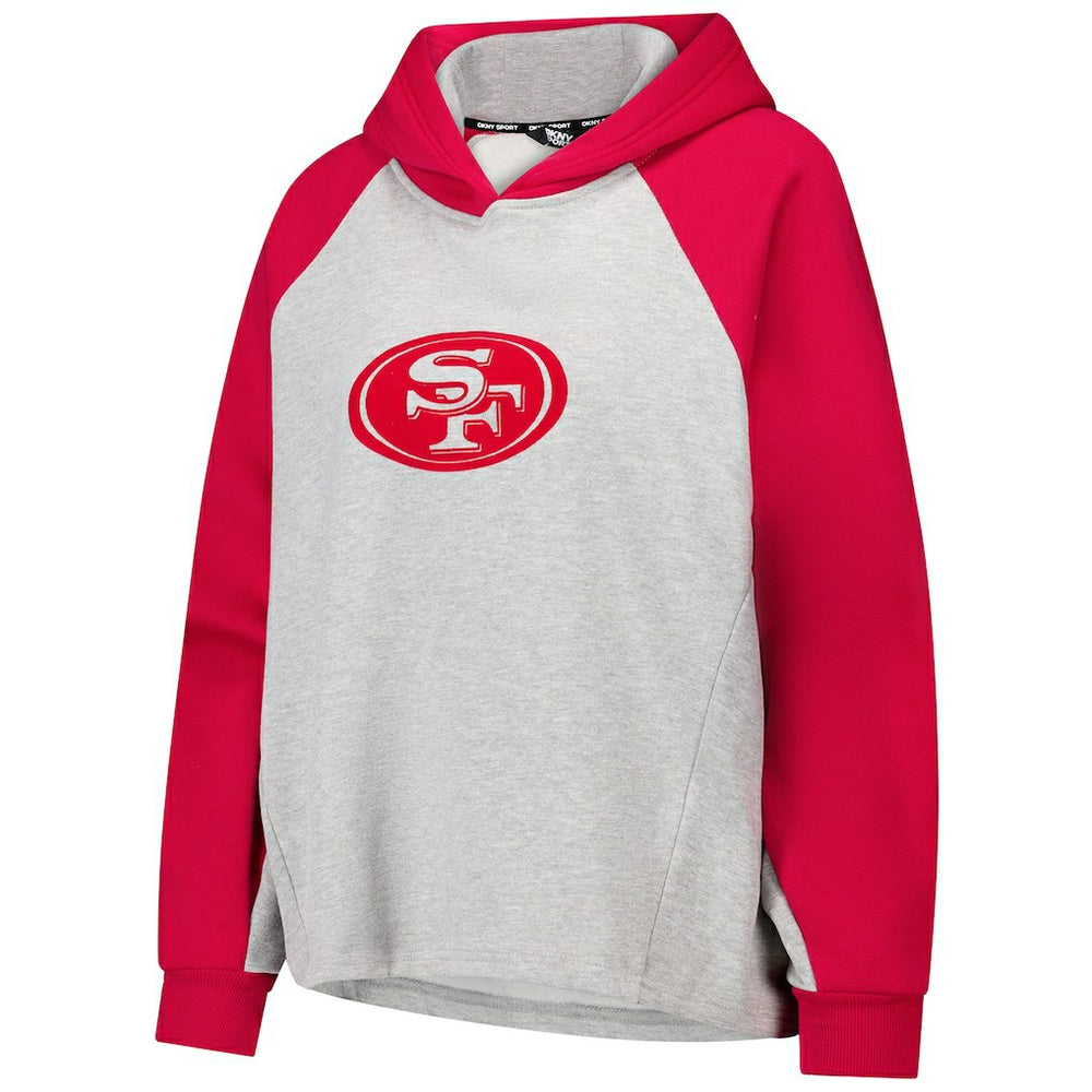 San Francisco 49ers DKNY Sport Women's Joy Cropped Raglan Pullover Hoodie - Gray/Scarlet - NFL