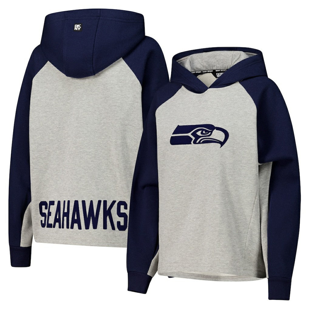 Seattle Seahawks DKNY Sport Women's Joy Cropped Raglan Pullover Hoodie - Gray/College Navy - NFL