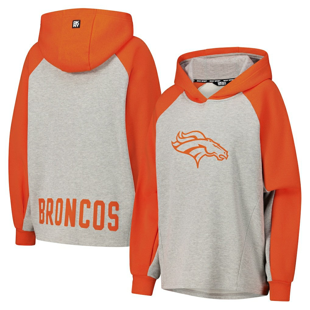 Denver Broncos DKNY Sport Women's Joy Cropped Raglan Pullover Hoodie - Gray/Orange - NFL