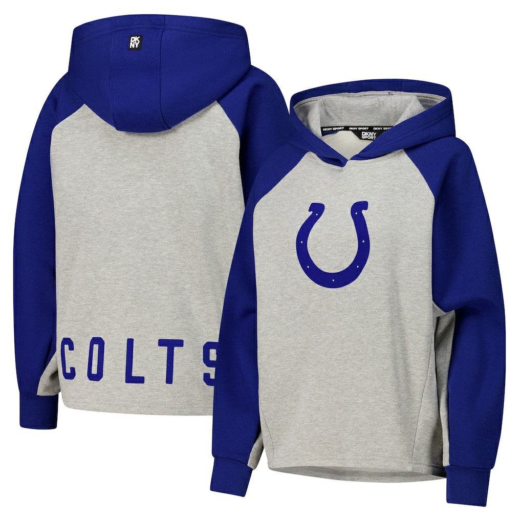Indianapolis Colts DKNY Sport Women's Joy Cropped Raglan Pullover Hoodie - Gray/Royal - NFL