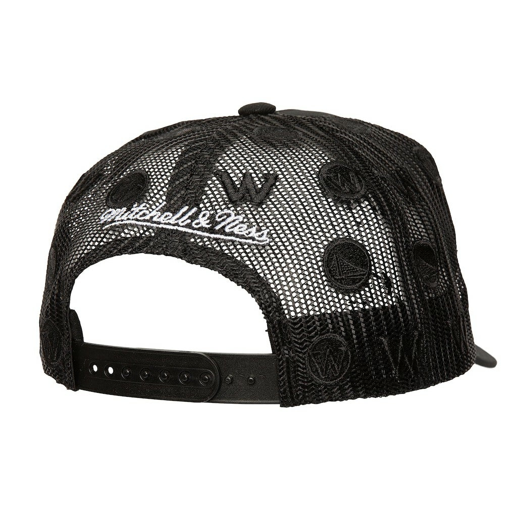 Mitchell & Ness - Golden State Warriors Monogram Allover Logo Mesh Trucker Adjustable Hat - Black