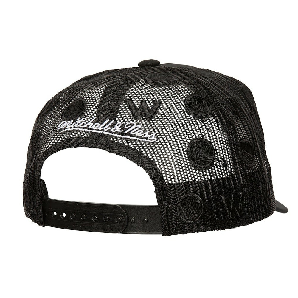 Mitchell & Ness - Golden State Warriors Monogram Allover Logo Mesh Trucker Adjustable Hat - Black