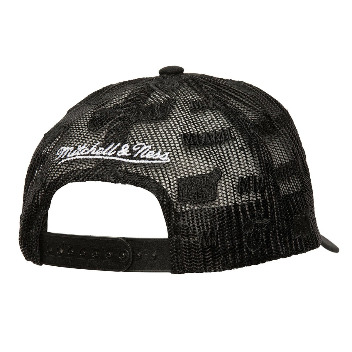 Mitchell & Ness - Miami Heat Monogram Allover Logo Mesh Trucker Adjustable Hat - Black