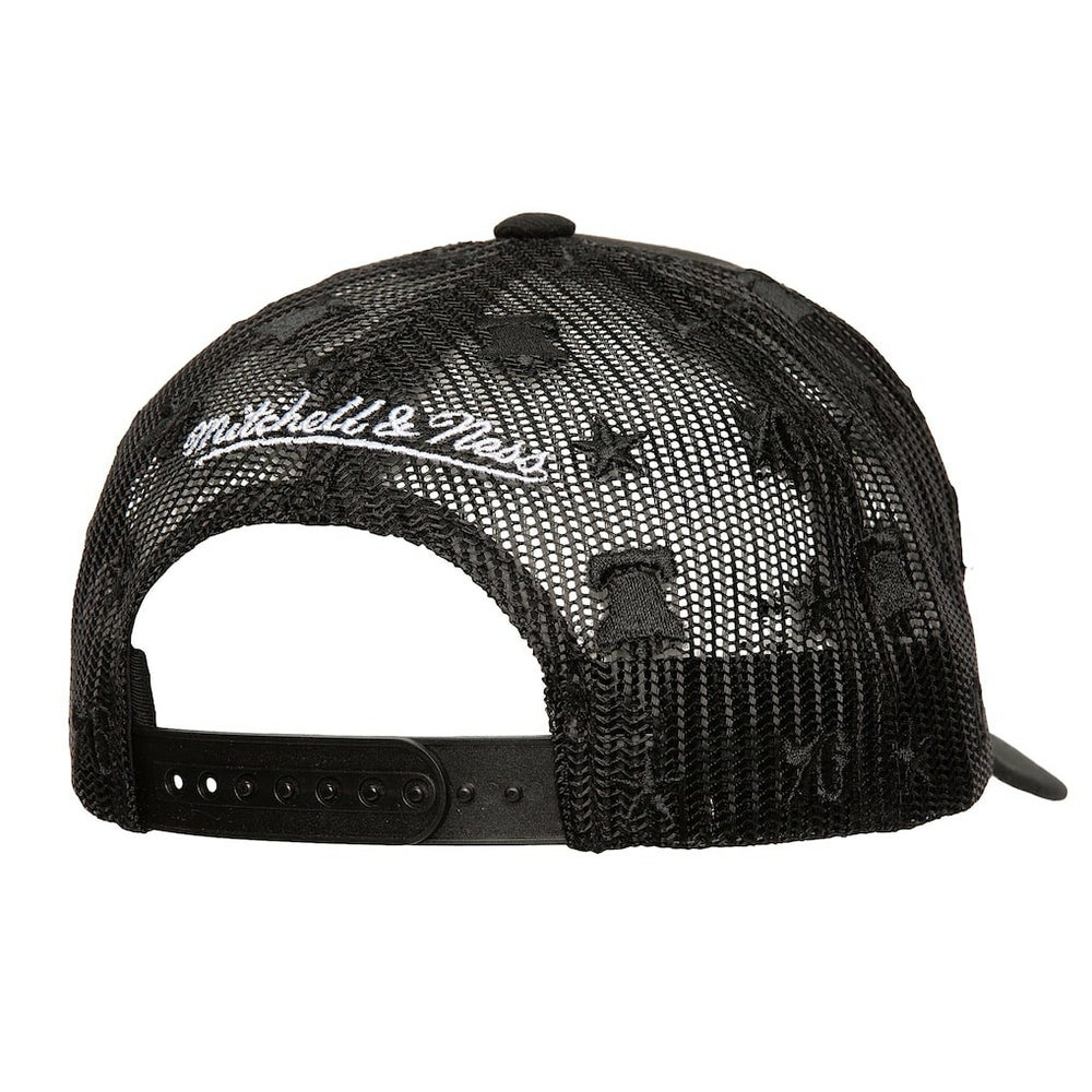 Mitchell & Ness - Philadelphia 76ers Monogram Allover Logo Mesh Trucker Adjustable Hat - Black