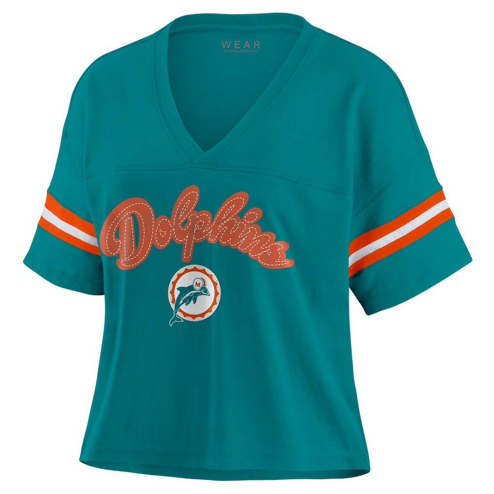 Miami Dolphins WEAR by Erin Andrews Women's Plus Size Color Block Boxy V-Neck T-Shirt Aqua - NFL