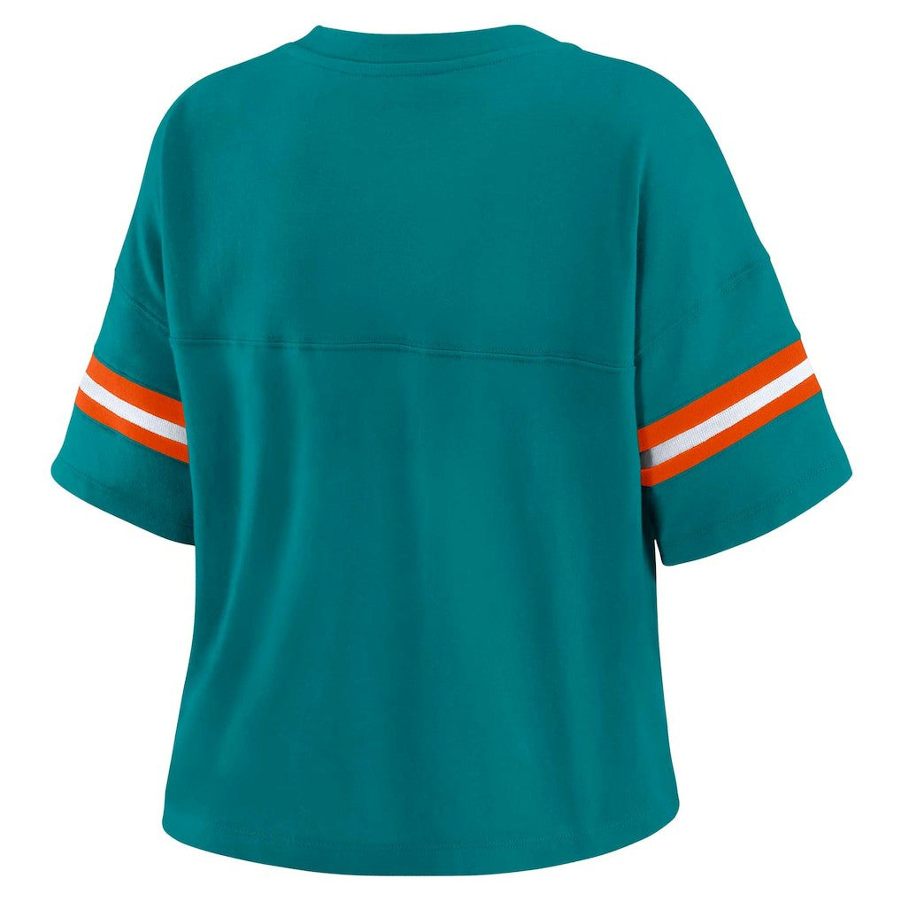 Miami Dolphins WEAR by Erin Andrews Women's Plus Size Color Block Boxy V-Neck T-Shirt Aqua - NFL