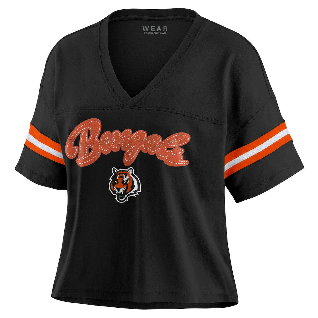 Cincinnati Bengals WEAR by Erin Andrews Women's Plus Size Color Block Boxy V-Neck T-Shirt Black - NFL