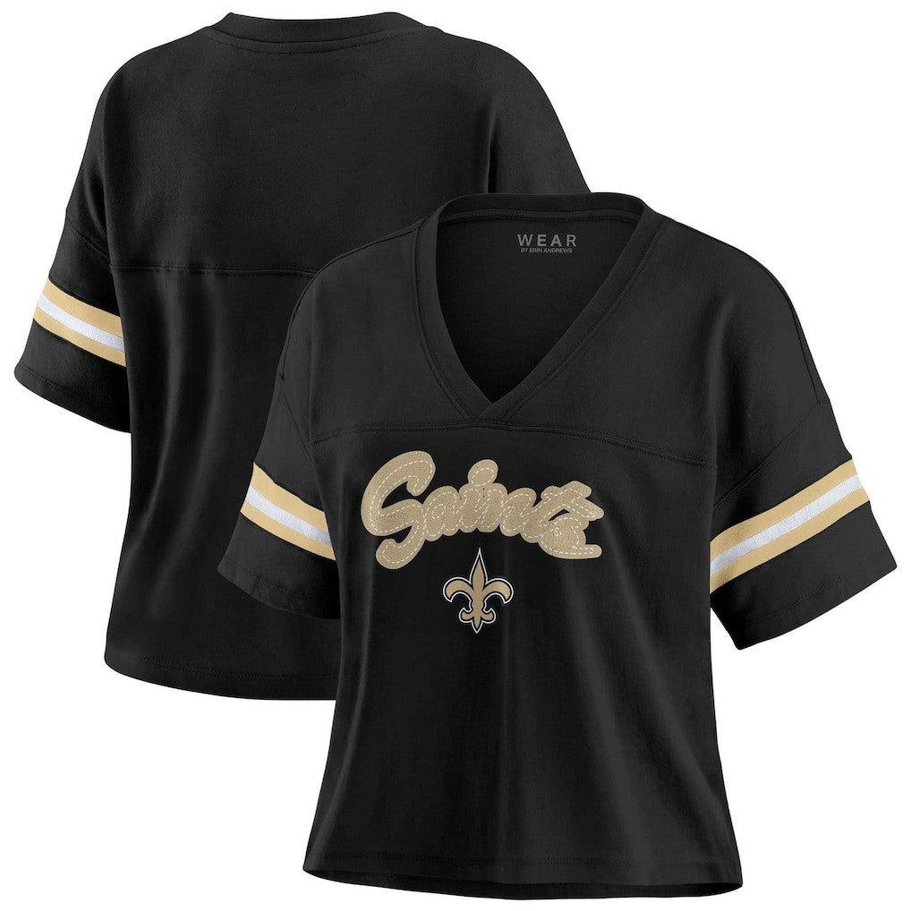 New Orleans Saints WEAR by Erin Andrews Women's Plus Size Color Block Boxy V-Neck T-Shirt Black - NFL