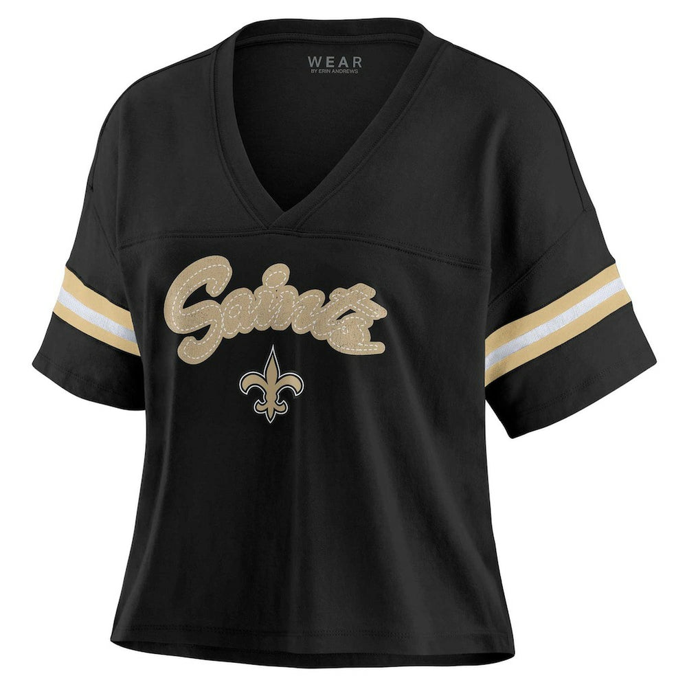 New Orleans Saints WEAR by Erin Andrews Women's Plus Size Color Block Boxy V-Neck T-Shirt Black - NFL