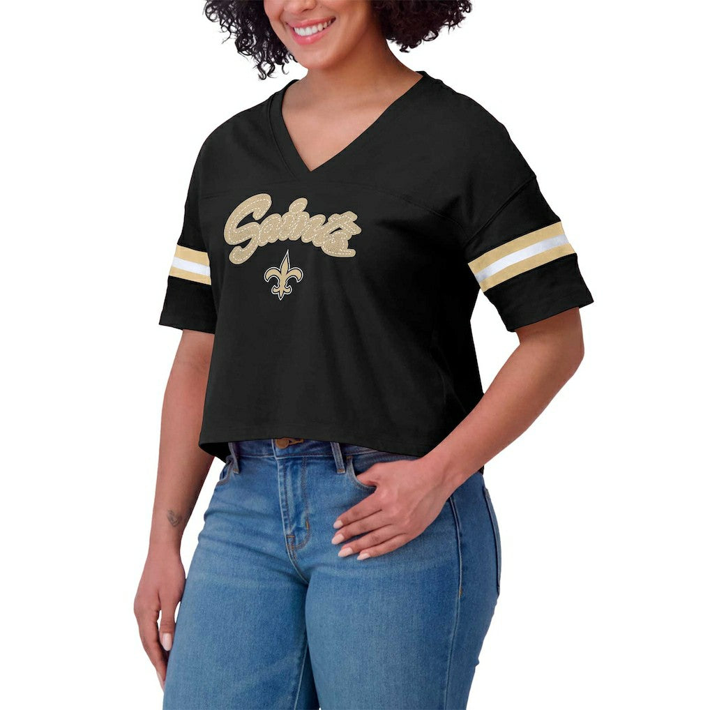 New Orleans Saints WEAR by Erin Andrews Women's Plus Size Color Block Boxy V-Neck T-Shirt Black - NFL