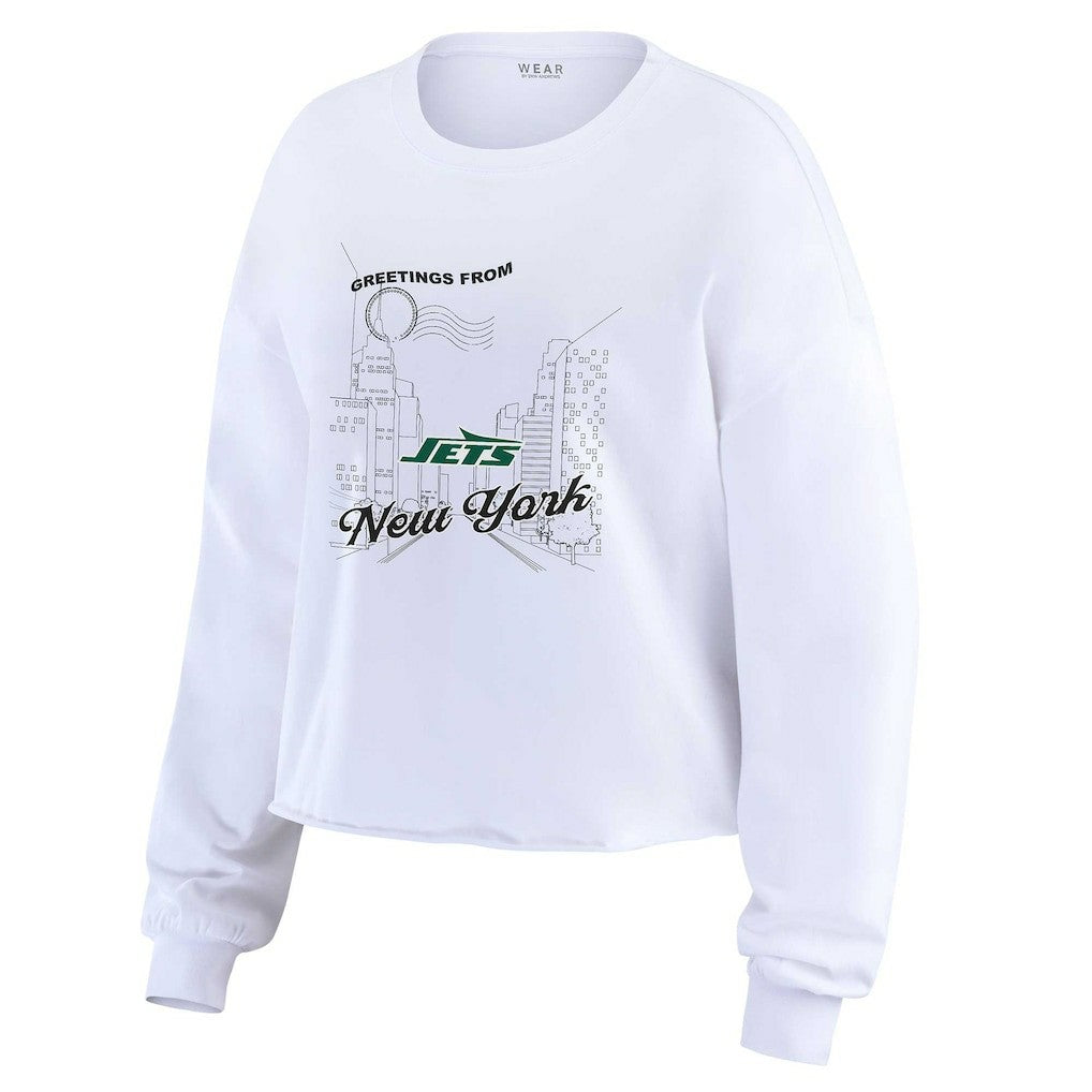 New York Jets WEAR by Erin Andrews Women's Postcard Cropped Long Sleeve Top White - NFL