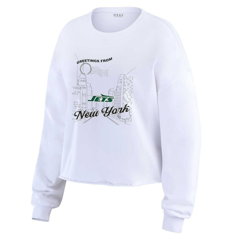 New York Jets WEAR by Erin Andrews Women's Postcard Cropped Long Sleeve Top White - NFL