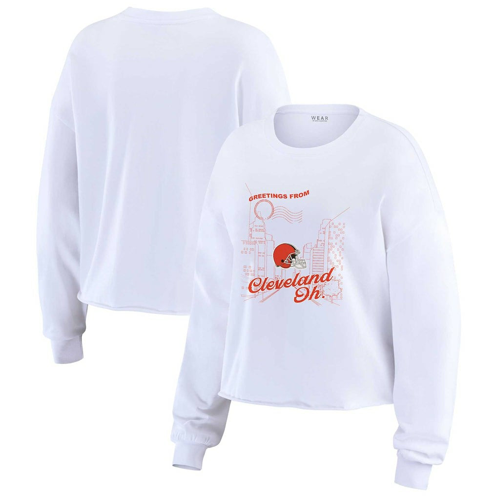 Cleveland Browns WEAR by Erin Andrews Women's Postcard Cropped Long Sleeve Top White - NFL