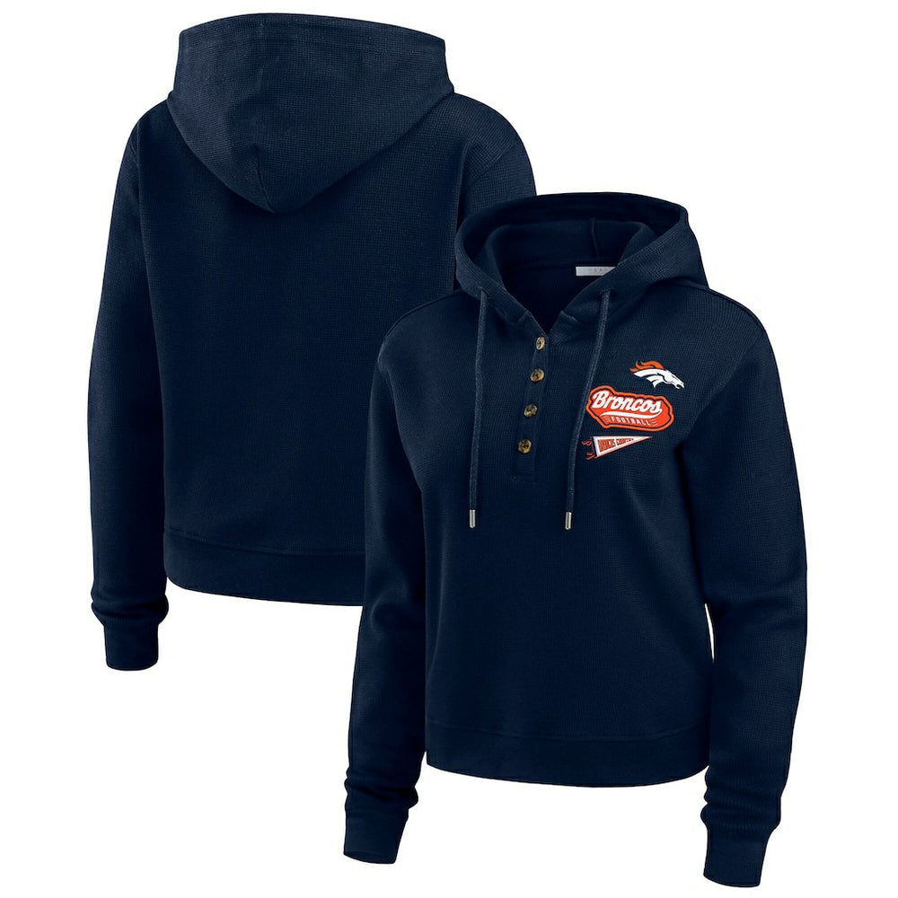 Denver Broncos WEAR by Erin Andrews Women's Waffle-Knit Pullover Hoodie Navy - NFL
