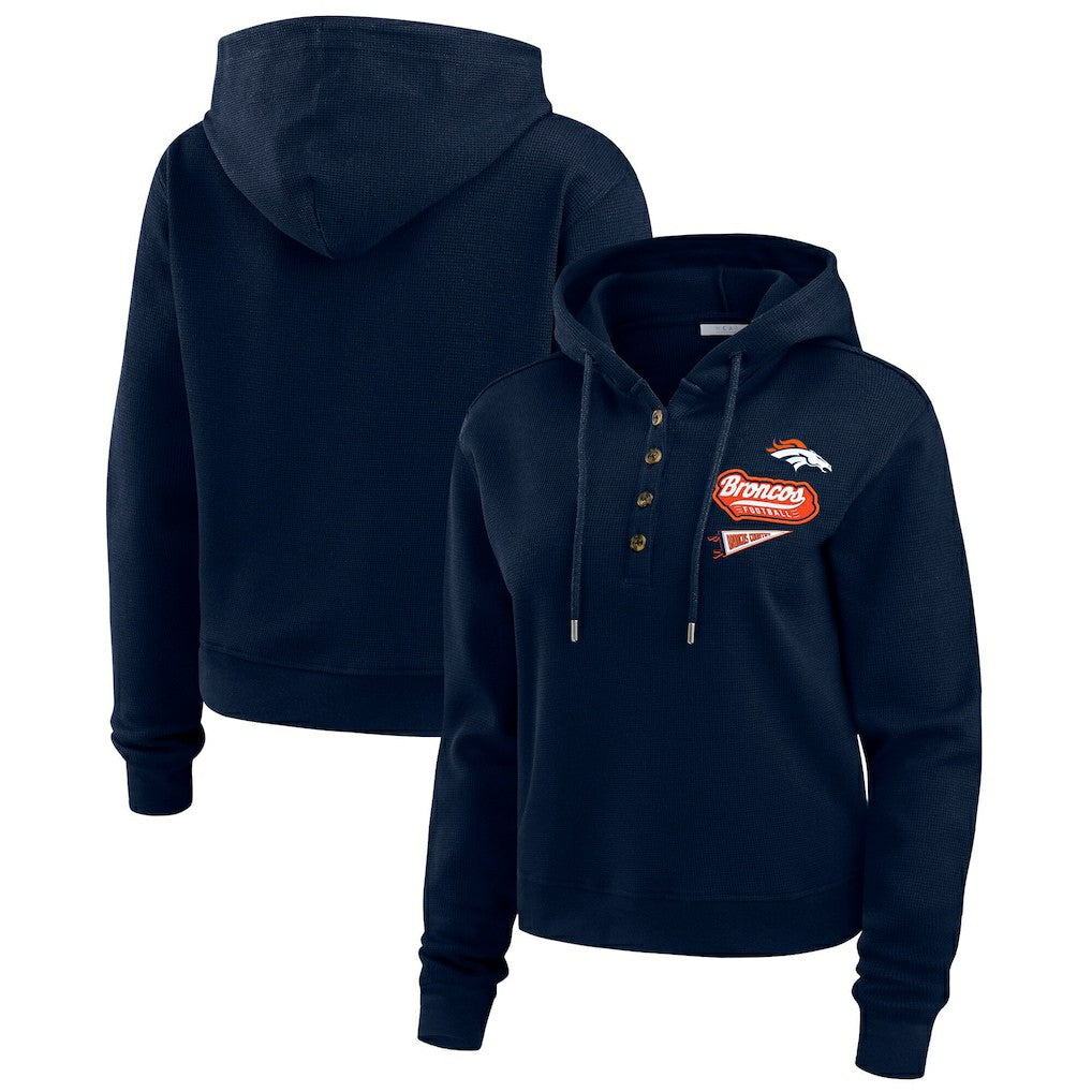 Denver Broncos WEAR by Erin Andrews Women's Waffle-Knit Pullover Hoodie Navy - NFL