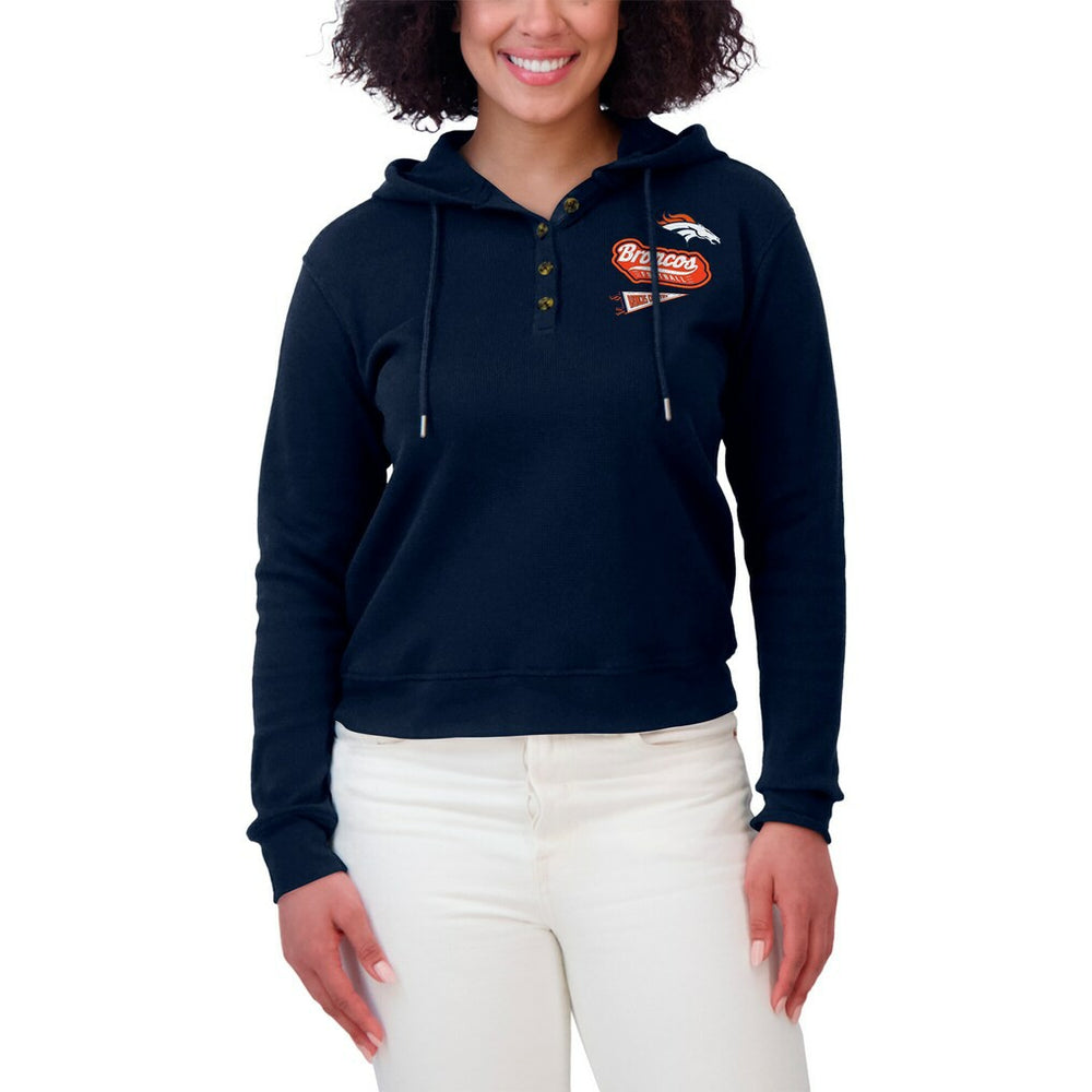 Denver Broncos WEAR by Erin Andrews Women's Waffle-Knit Pullover Hoodie Navy - NFL